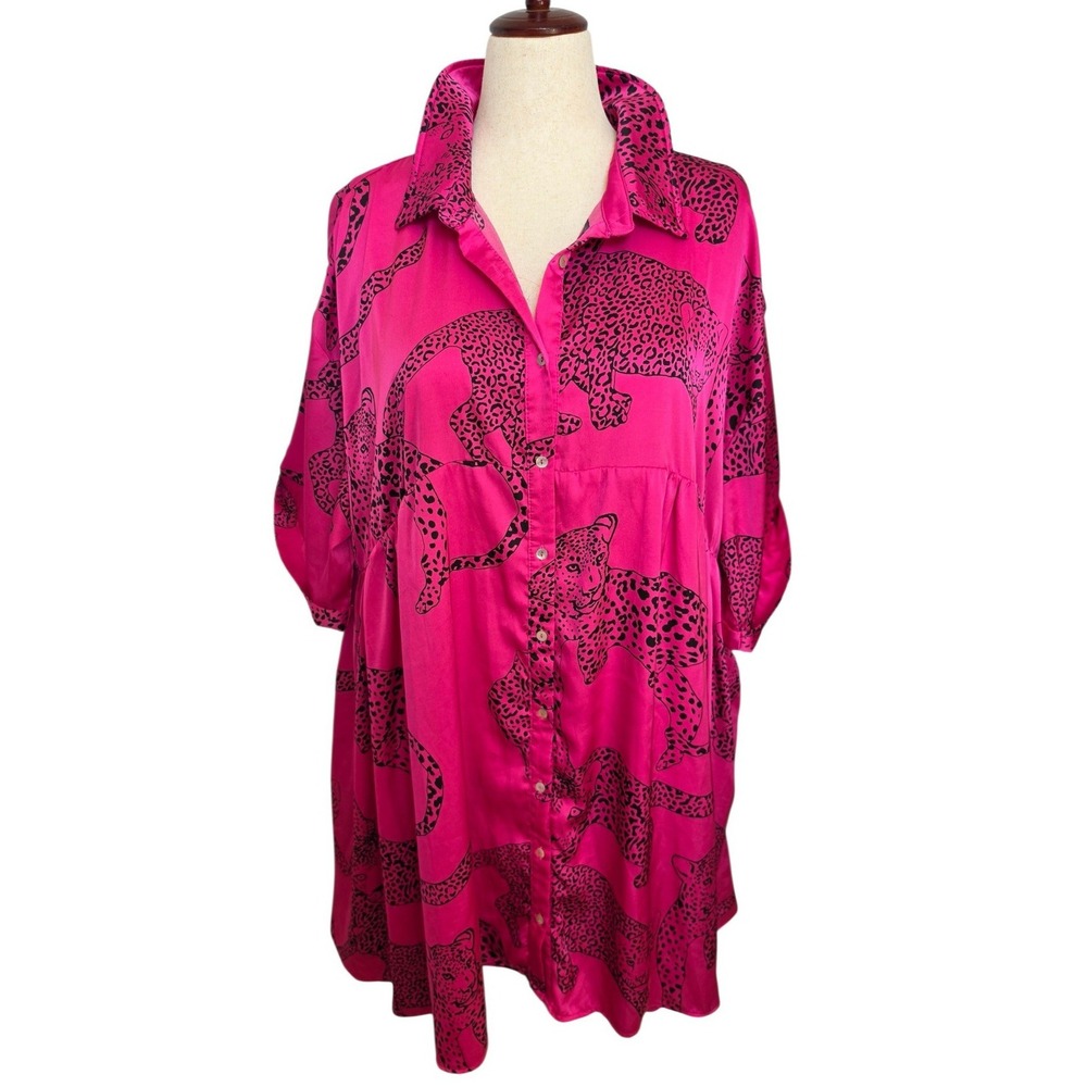 Entro Satin Pink Leopard Print Button Down Tunic Dress Womens 2X Lined